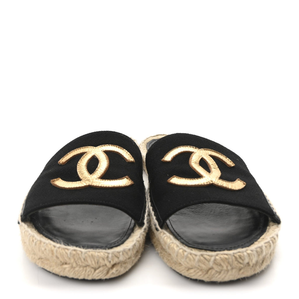 Chanel Wool Laminated Lambskin CC Slide Sandals 41 Black Gold