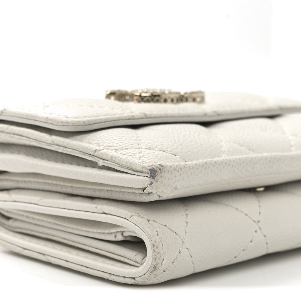 Caviar Quilted Crystal CC Small Flap Wallet White