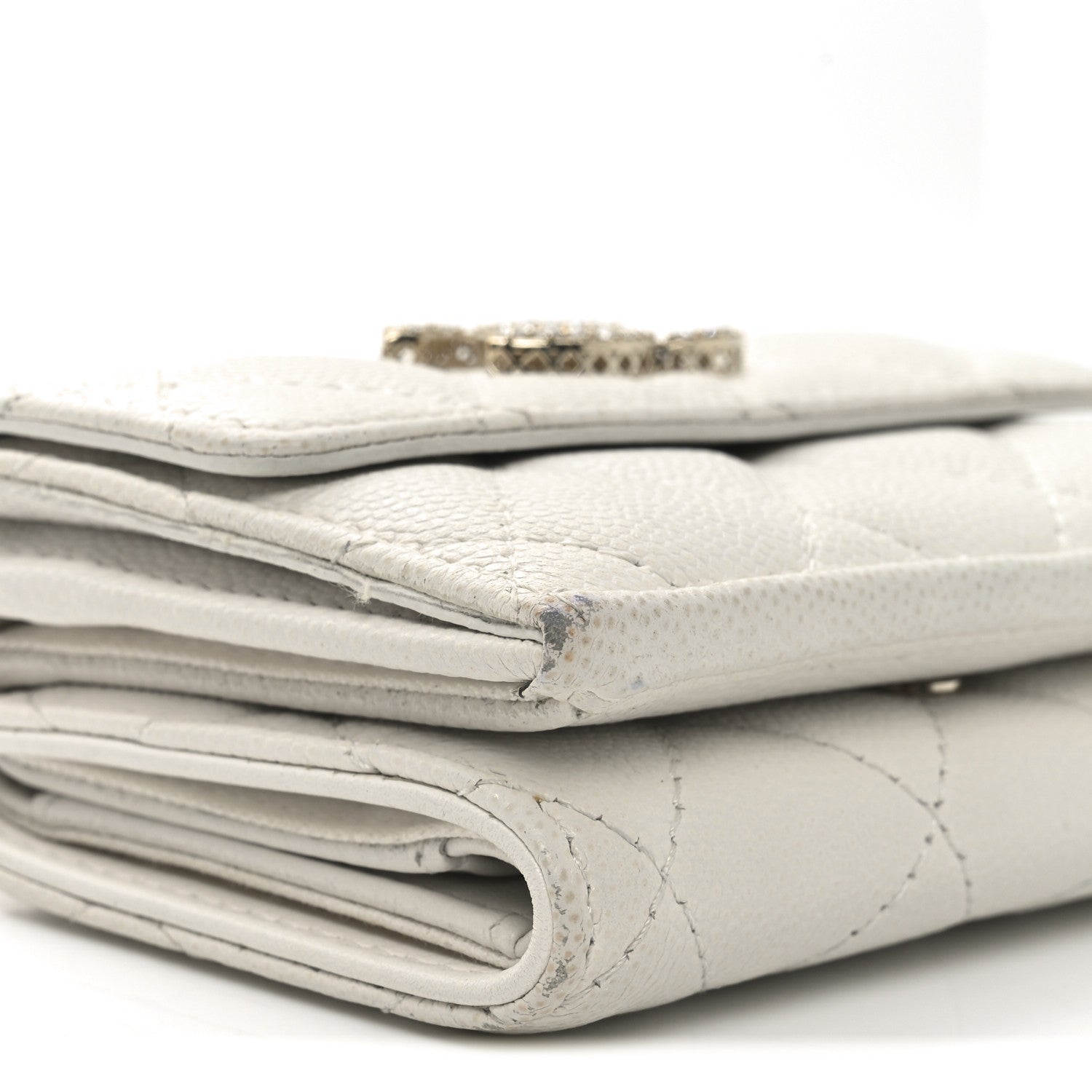 Caviar Quilted Crystal CC Small Flap Wallet White