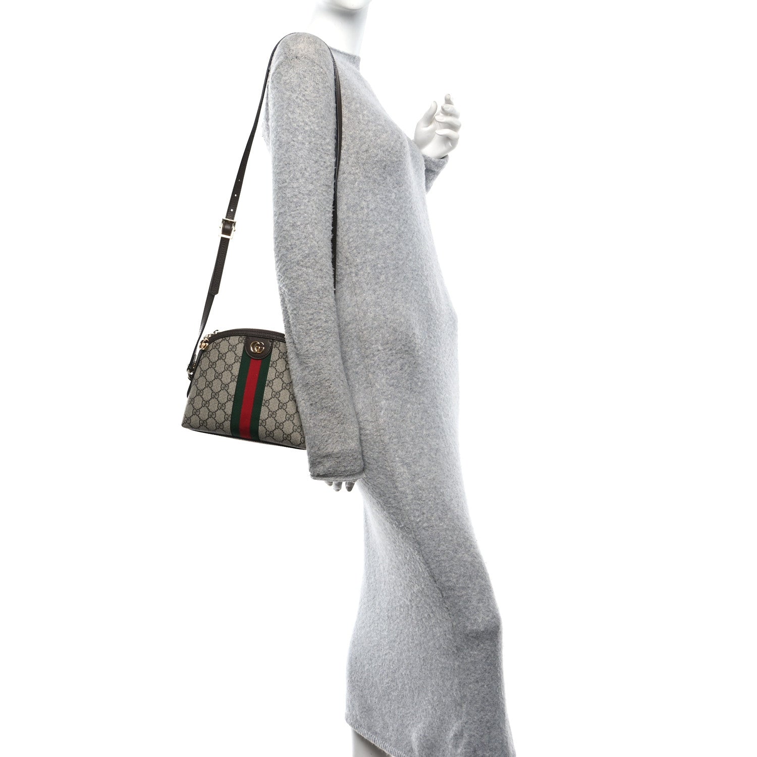 Gucci GG Supreme Monogram Textured Dollar Calfskin Web Small Ophidia Dome Shoulder Bag Beige Ebony New Acero