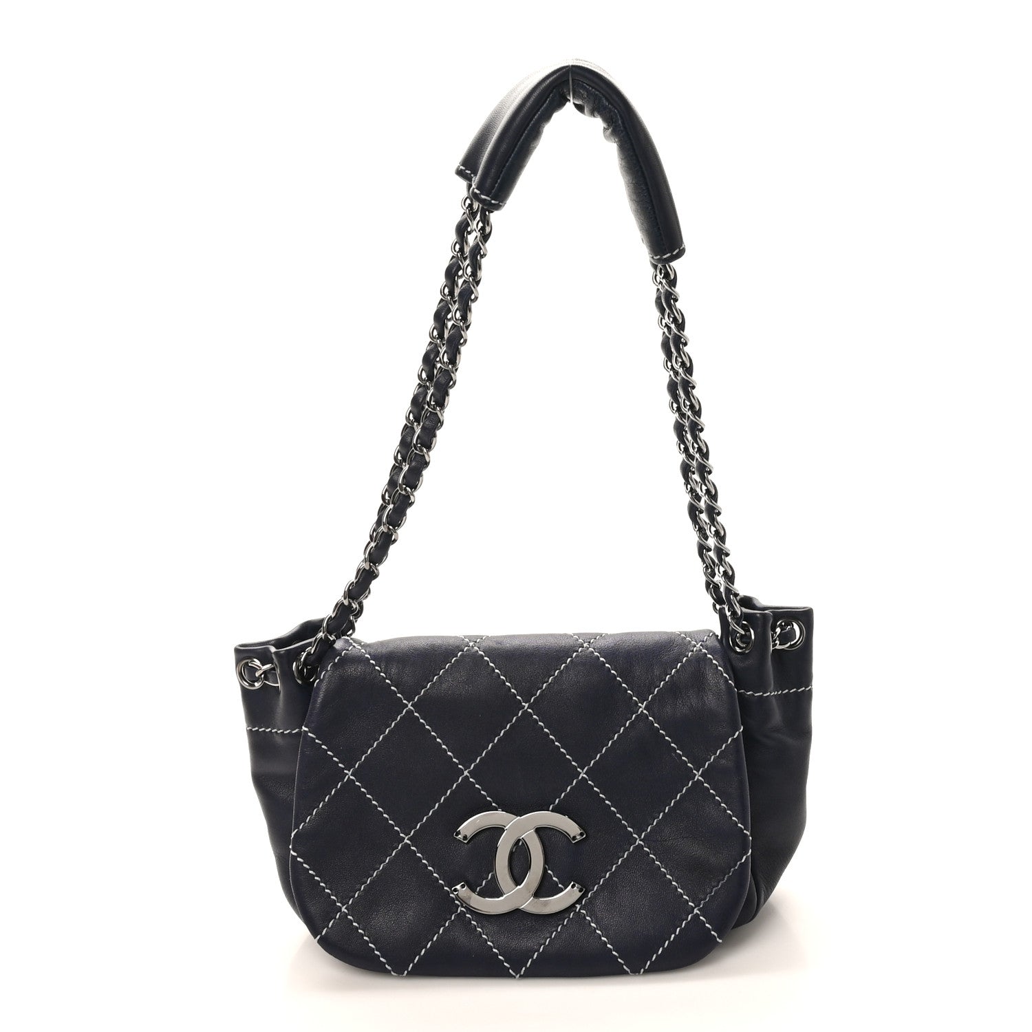 Chanel Lambskin Contrast Stitch Small Surpique Accordion Flap Navy