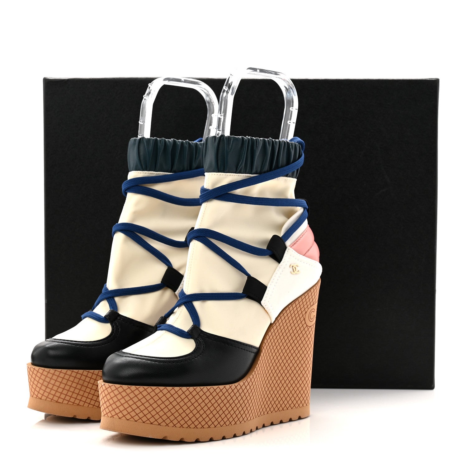 Fabric Lambskin Calfskin Runway Wedge Short Platform Boots 36 Blue White Pink
