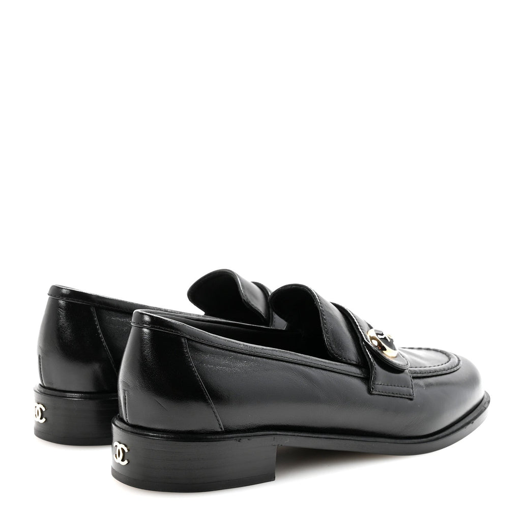 Chanel Shiny Calfskin CC Mocassin Loafers 38.5 Black