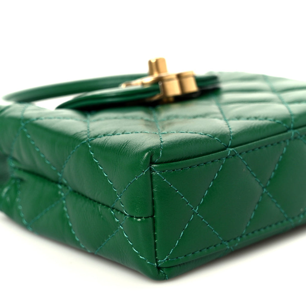 Chanel Shiny Aged Calfskin Quilted Mini Nano Kelly Shopper Green