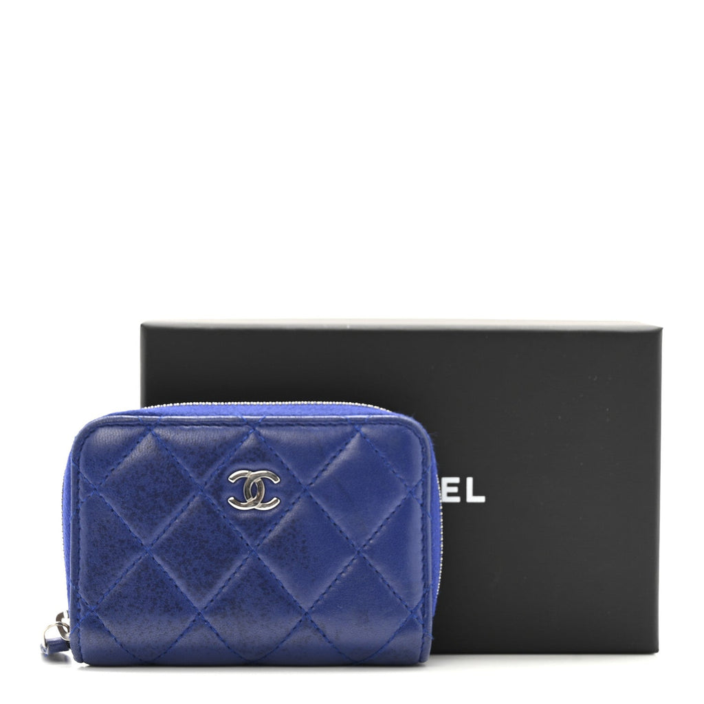 Chanel Lambskin Quilted Zip Around Coin Purse Wallet Blue