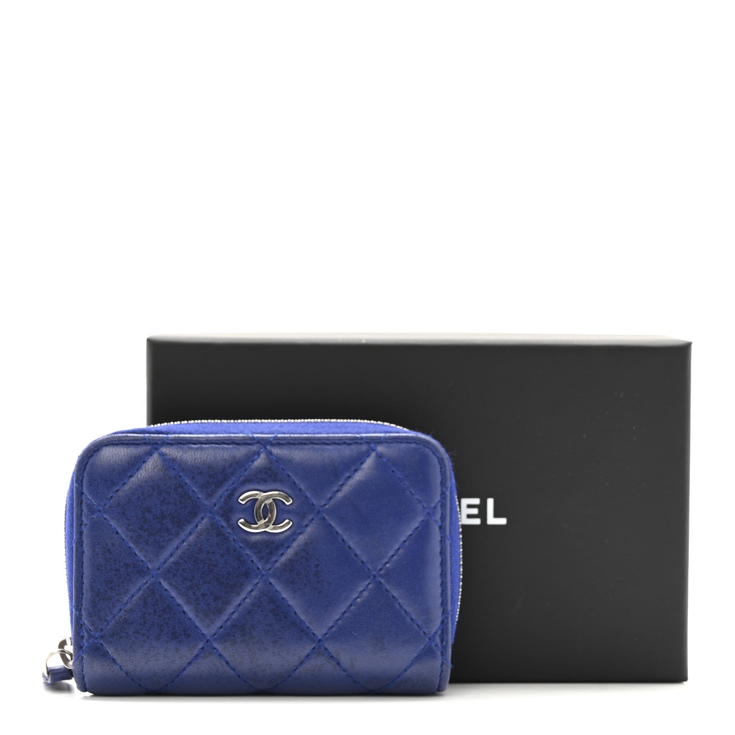Chanel Lambskin Quilted Zip Around Coin Purse Wallet Blue