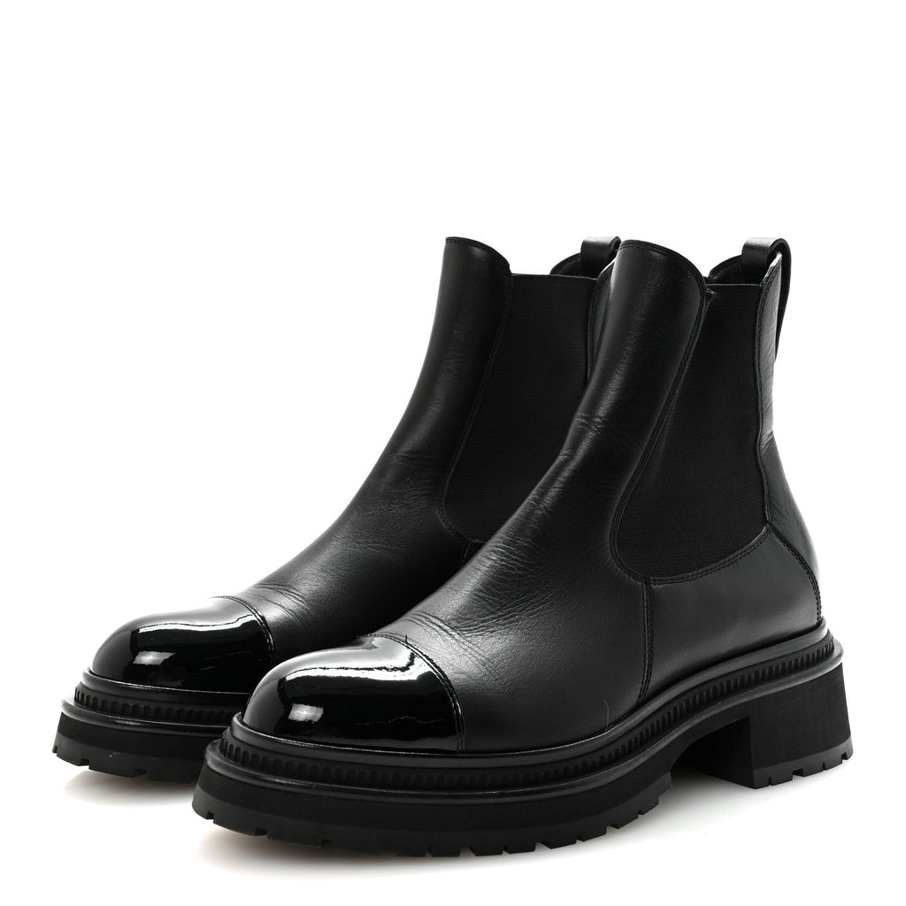 Calfskin Patent Cap Toe Ankle Boots 39.5 Black