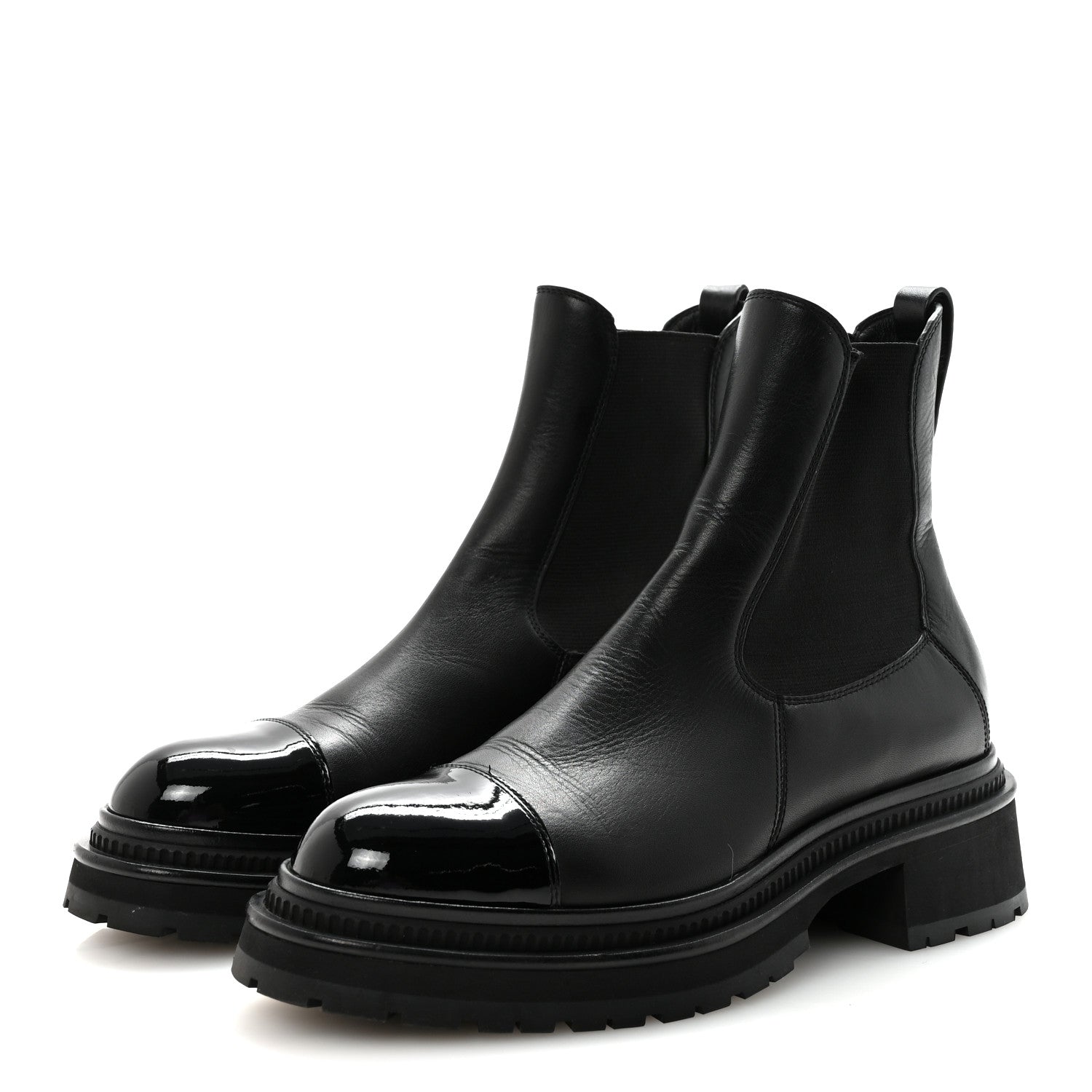 Calfskin Patent Cap Toe Ankle Boots 39.5 Black