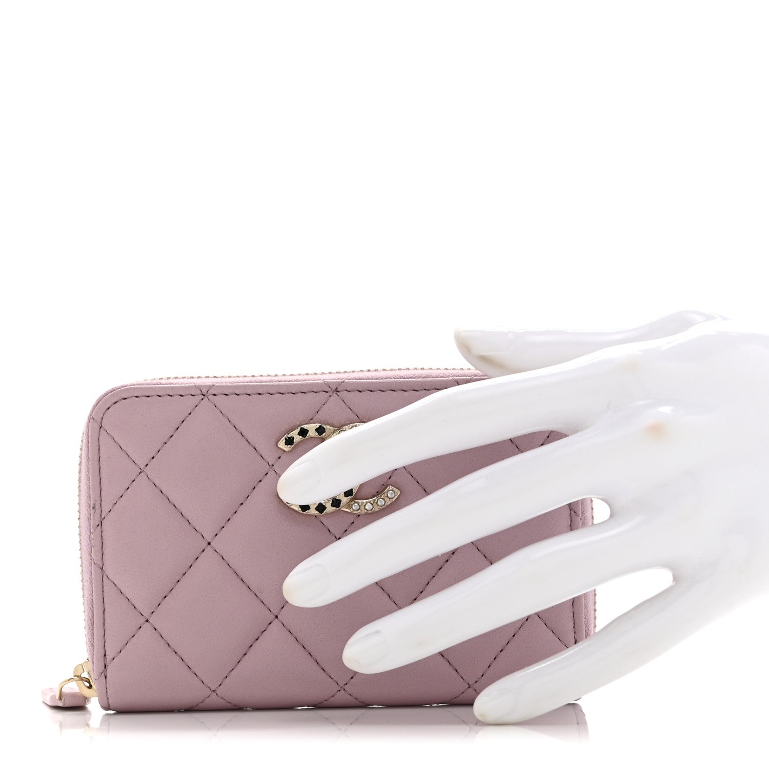 Lambskin Quilted Pearl Crystal CC Zip Around Coin Purse Wallet Pink