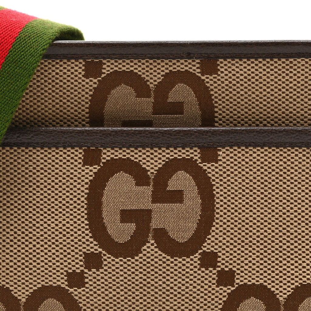 Gucci Monogram Jumbo GG Textured Dollar Calfskin Web Mini Crossbody Bag Camel Ebony New Acero