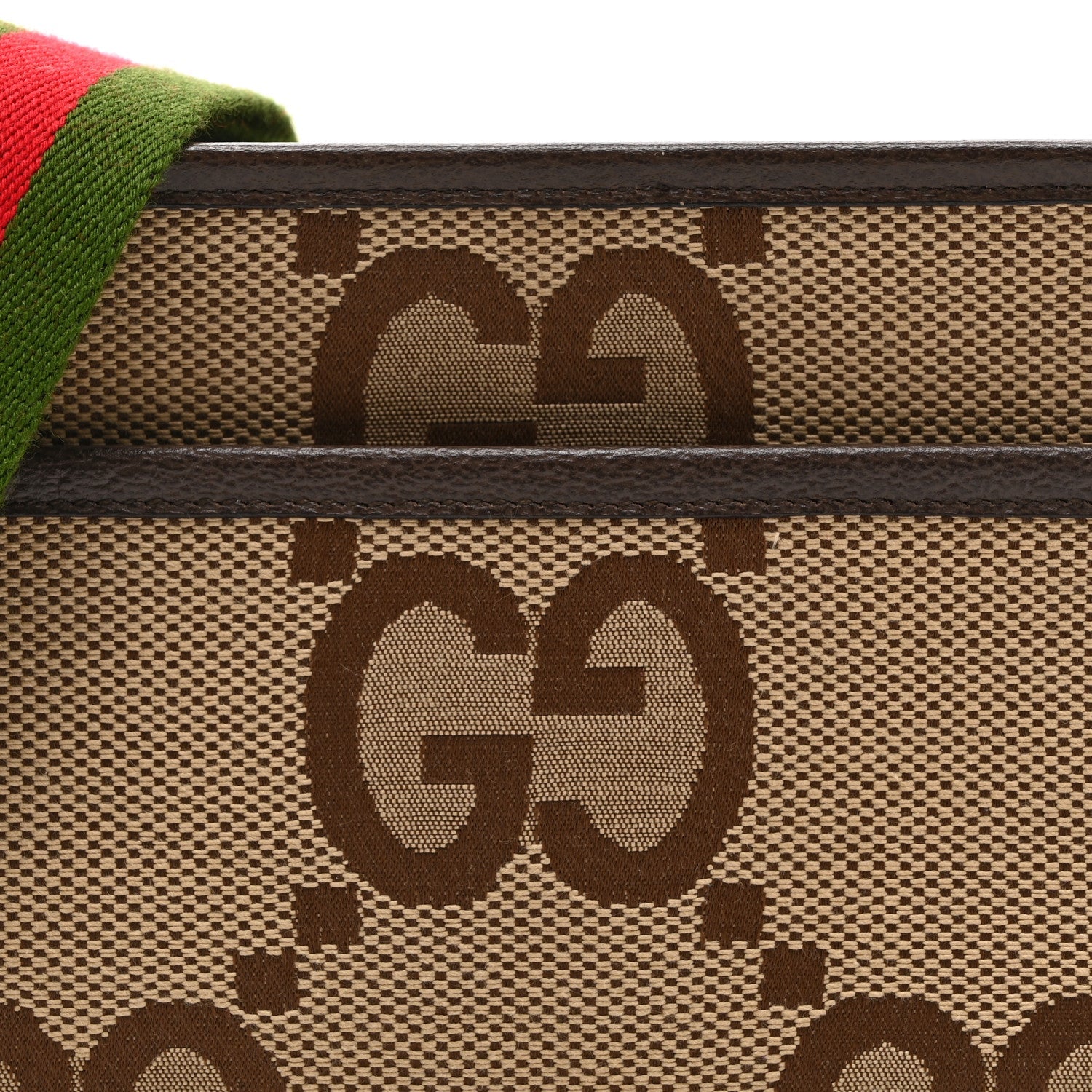 Gucci Monogram Jumbo GG Textured Dollar Calfskin Web Mini Crossbody Bag Camel Ebony New Acero