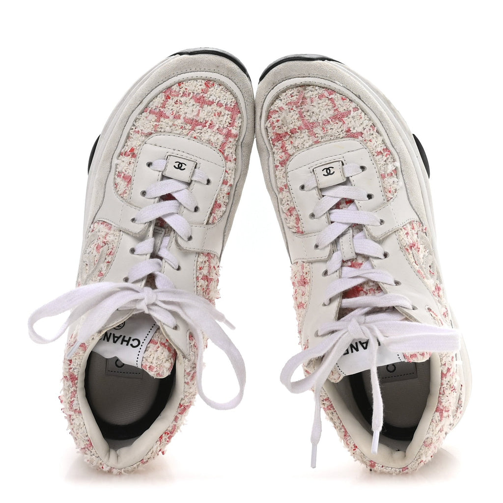 Chanel Tweed Suede Calfskin Womens CC Sneakers 39.5 Ecru Pink Red White