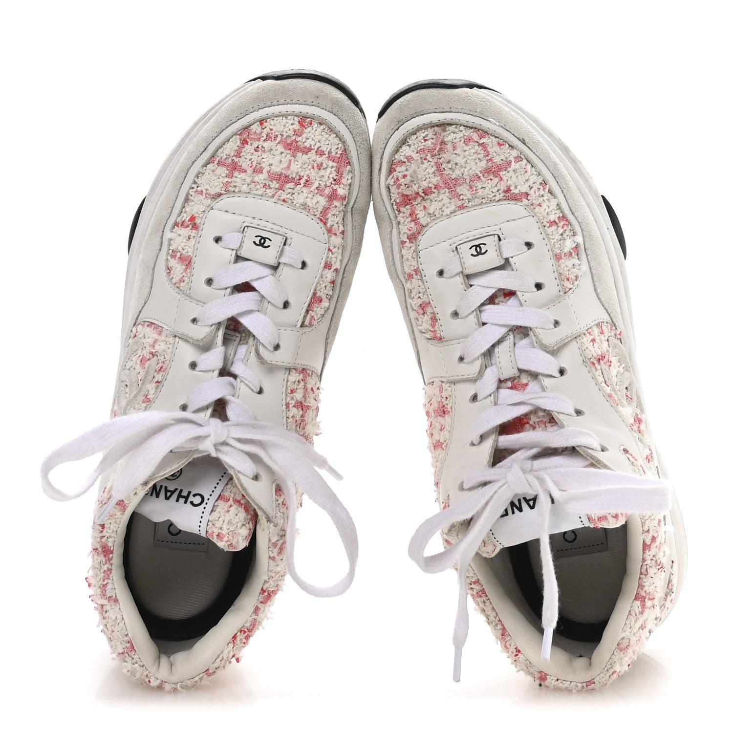 Chanel Tweed Suede Calfskin Womens CC Sneakers 39.5 Ecru Pink Red White
