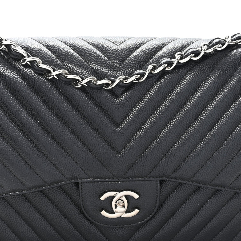 Chanel Caviar Chevron Quilted Jumbo Double Flap Black