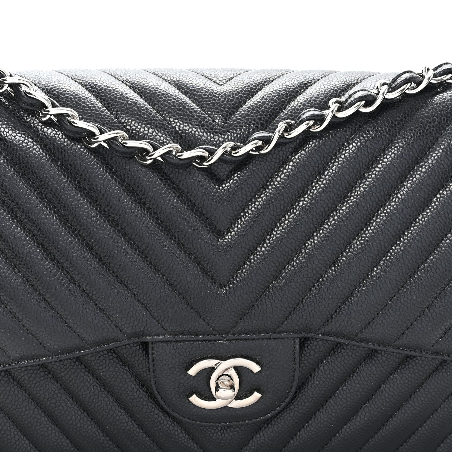 Chanel Caviar Chevron Quilted Jumbo Double Flap Black