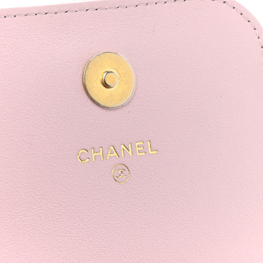 Chanel Lambskin Quilted Pearl Phone Holder With Chain Pink