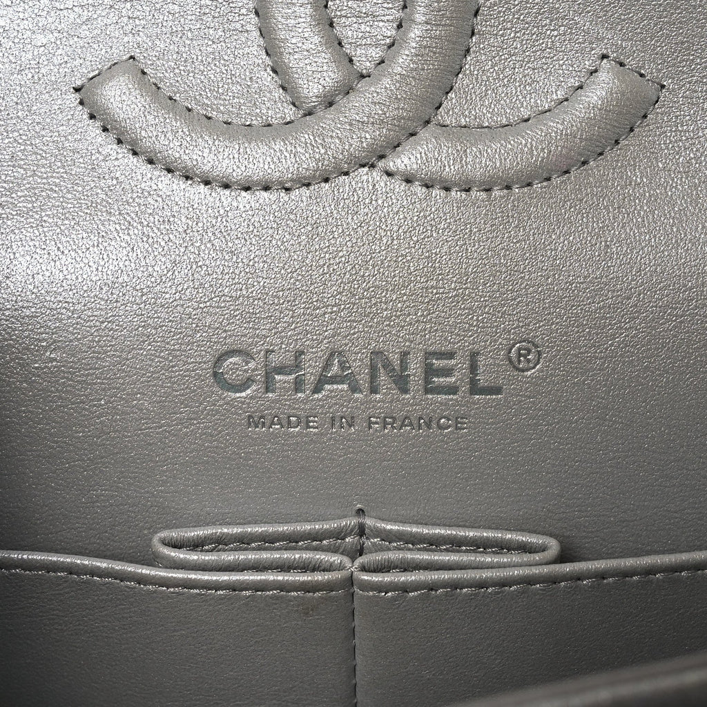 Chanel Glittered Metallic Caviar Quilted Medium Double Flap Silver
