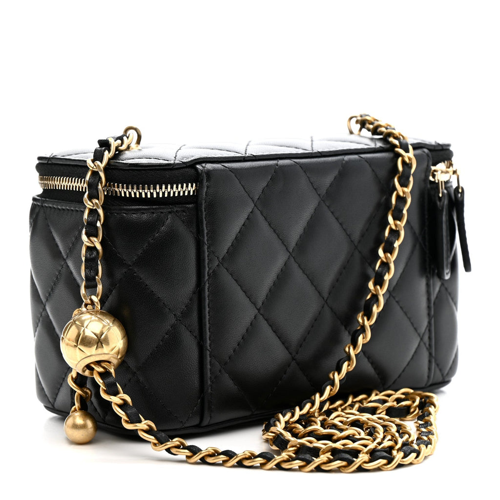 Chanel Lambskin Quilted Pearl Crush Small Vanity Case With Chain Black