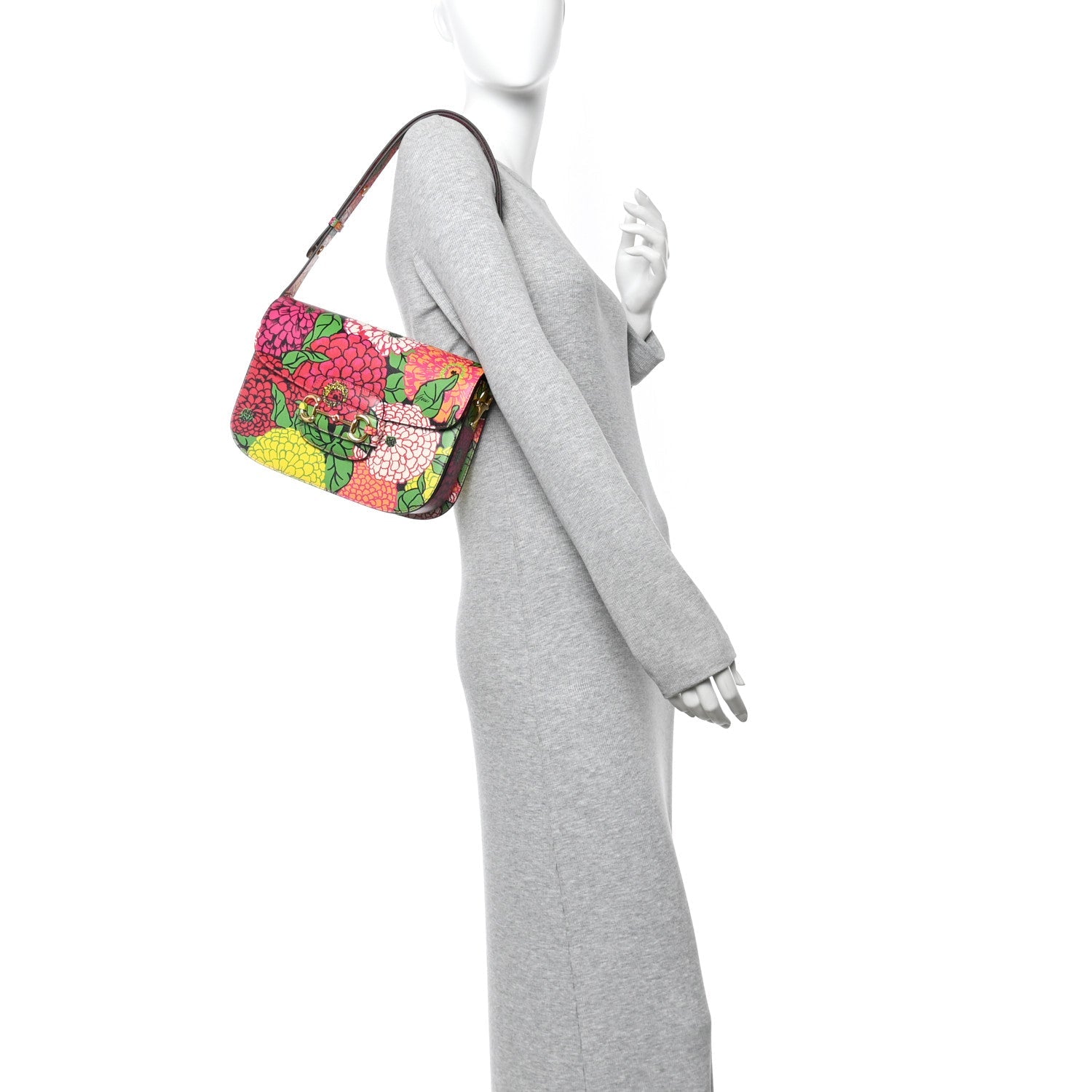 Gucci X KEN SCOTT New Shangai Calfskin Pomponica Print Horsebit 1955 Shoulder Bag Multicolor Fuxia Pompon