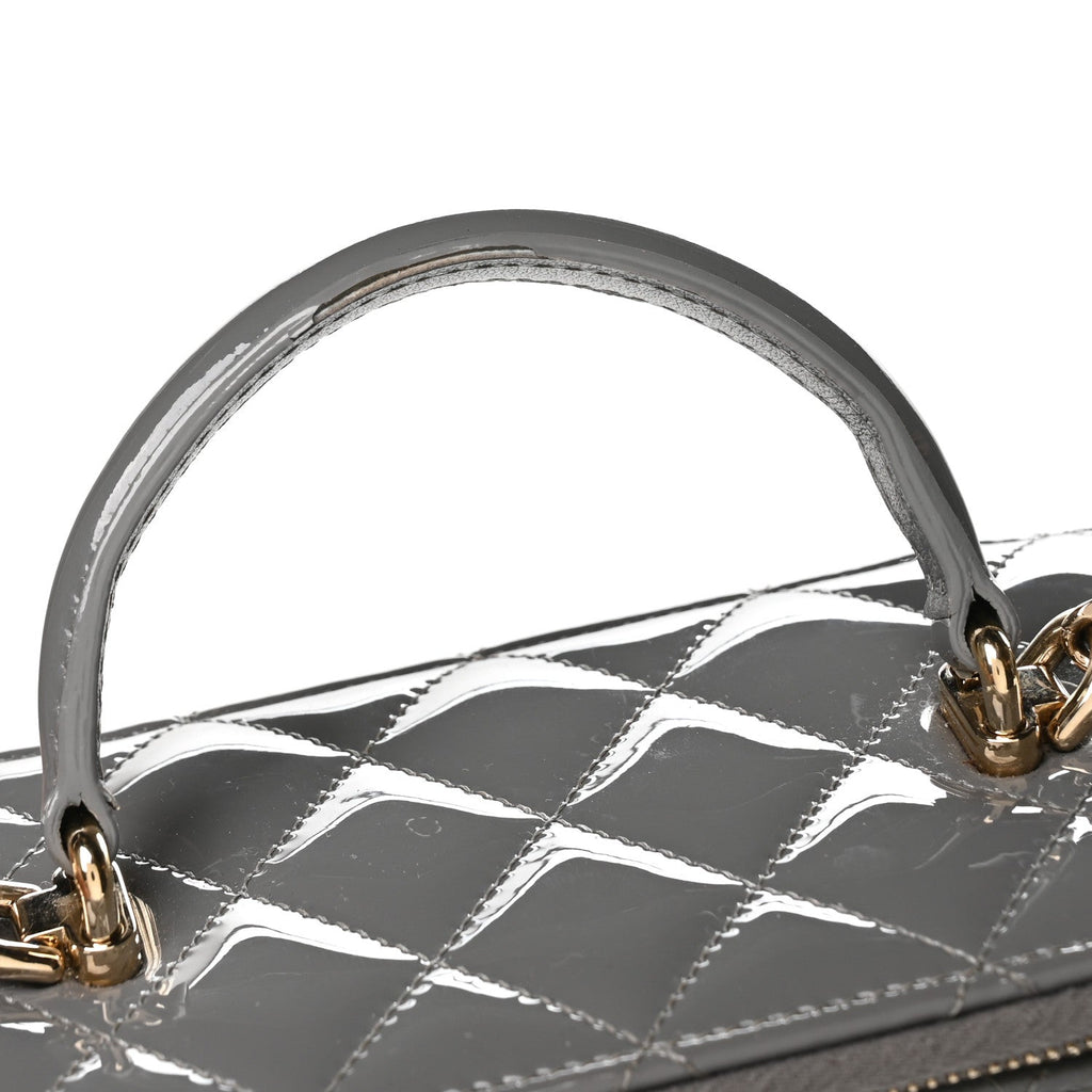 Chanel Patent Quilted Quilted Small Top Handle Vanity Case With Chain Grey