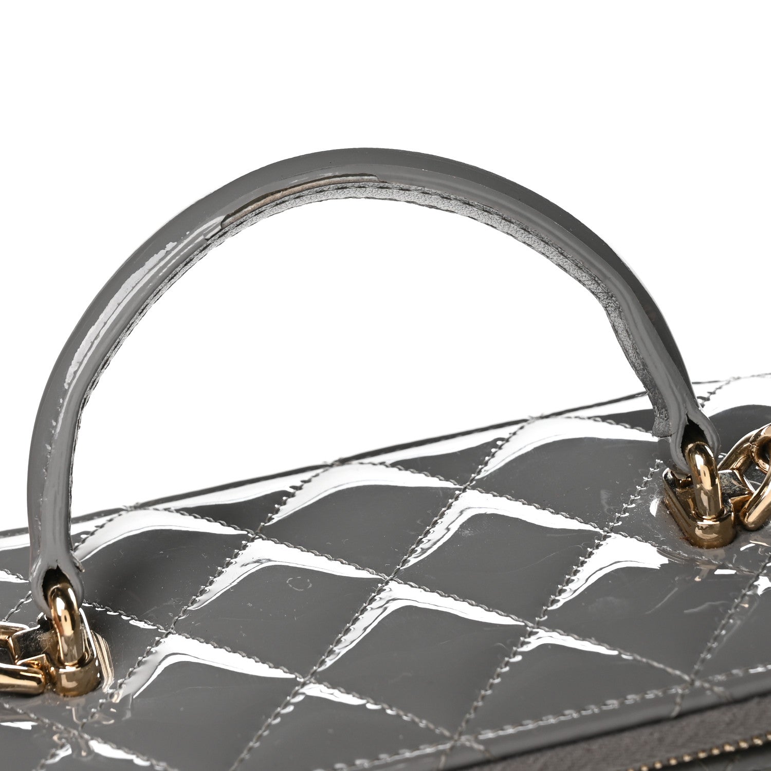Chanel Patent Quilted Quilted Small Top Handle Vanity Case With Chain Grey