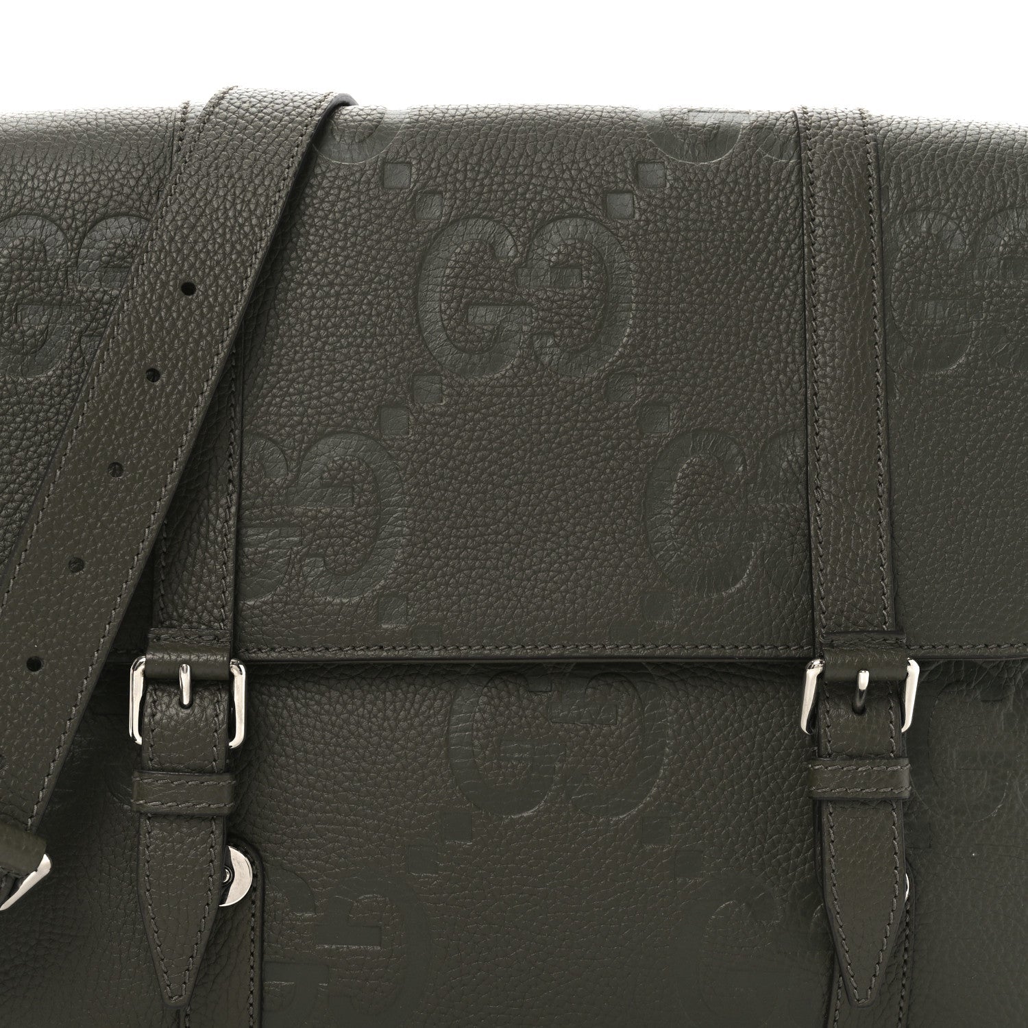 Gucci Piuma Calfskin Jumbo GG Embossed Double Buckle Medium Messenger Bag Dark Vintage Olive