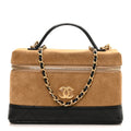 Chanel Suede Calfskin Shiny Lambskin Stitched Top Handle Slim Vanity Case With Chain Beige Black
