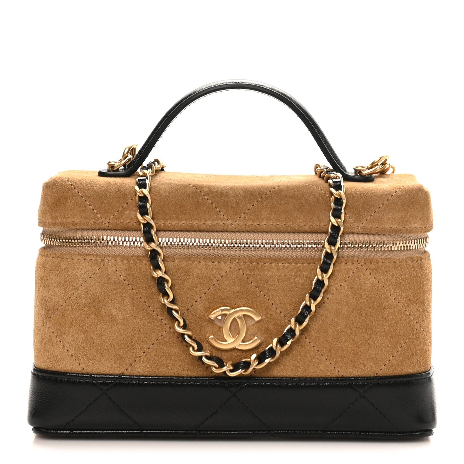 Chanel Suede Calfskin Shiny Lambskin Stitched Top Handle Slim Vanity Case With Chain Beige Black
