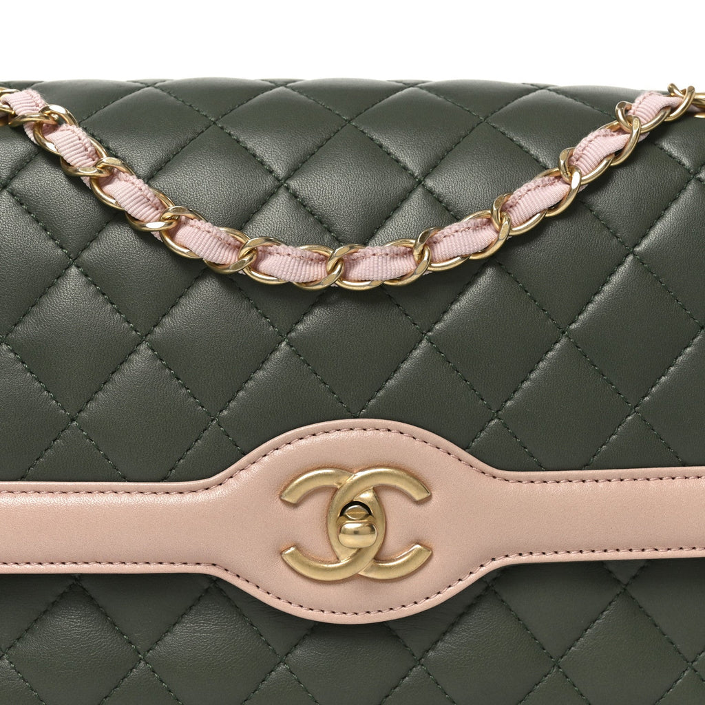 Chanel Lambskin Quilted Medium Bi-Color Flap Green Pink
