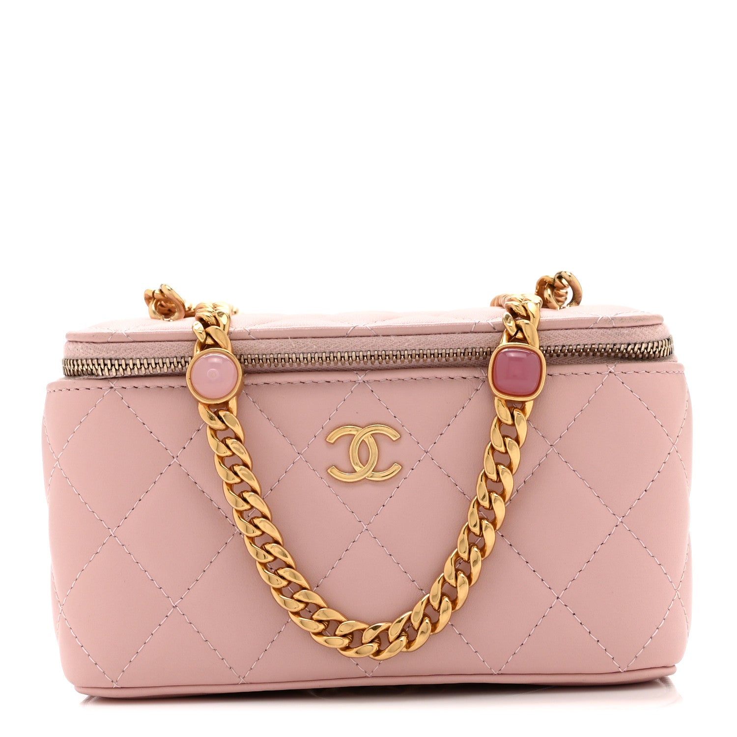 Chanel Caviar Quilted Pearl Enamel Small Vanity Case With Chain Light Pink