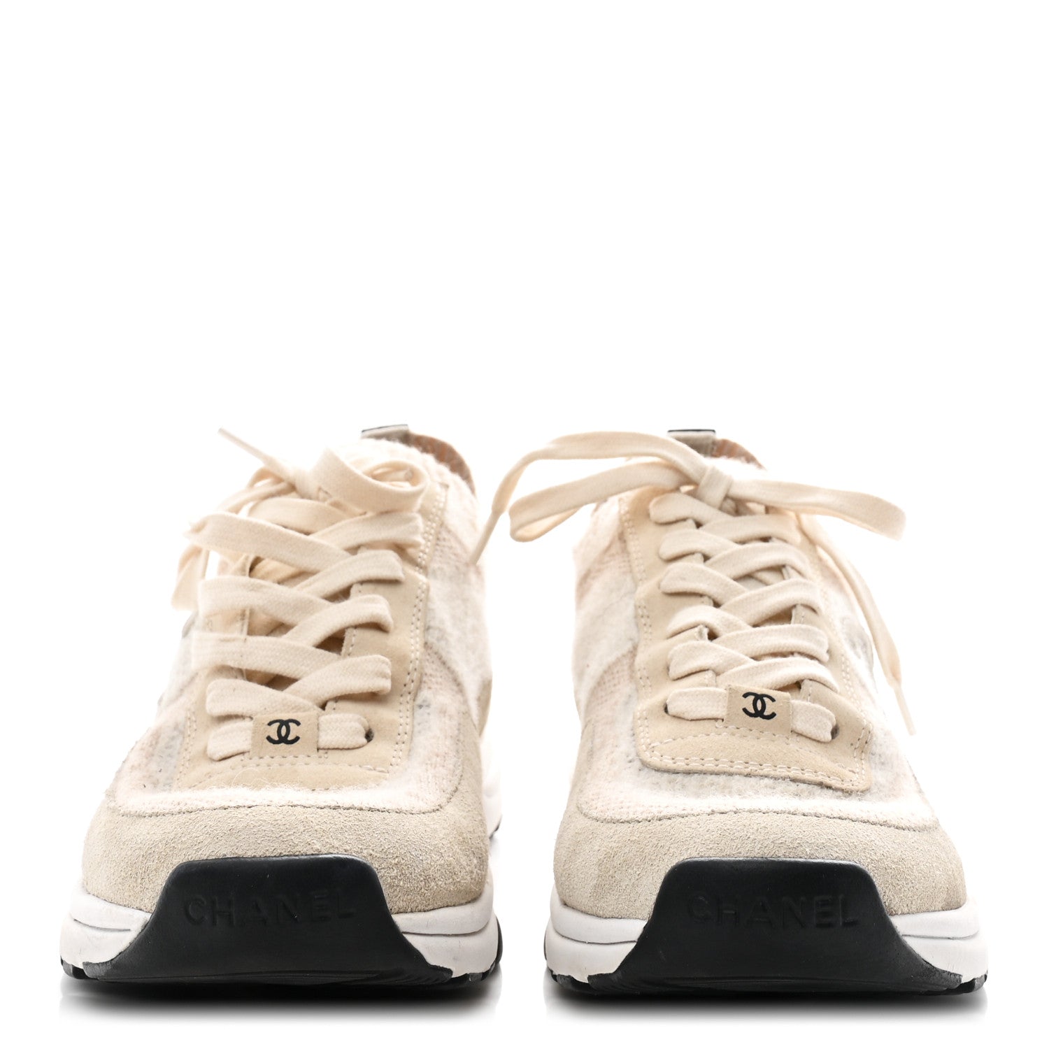 Knit Fabric Suede Calfskin Womens CC Sneakers 38.5 Ivory