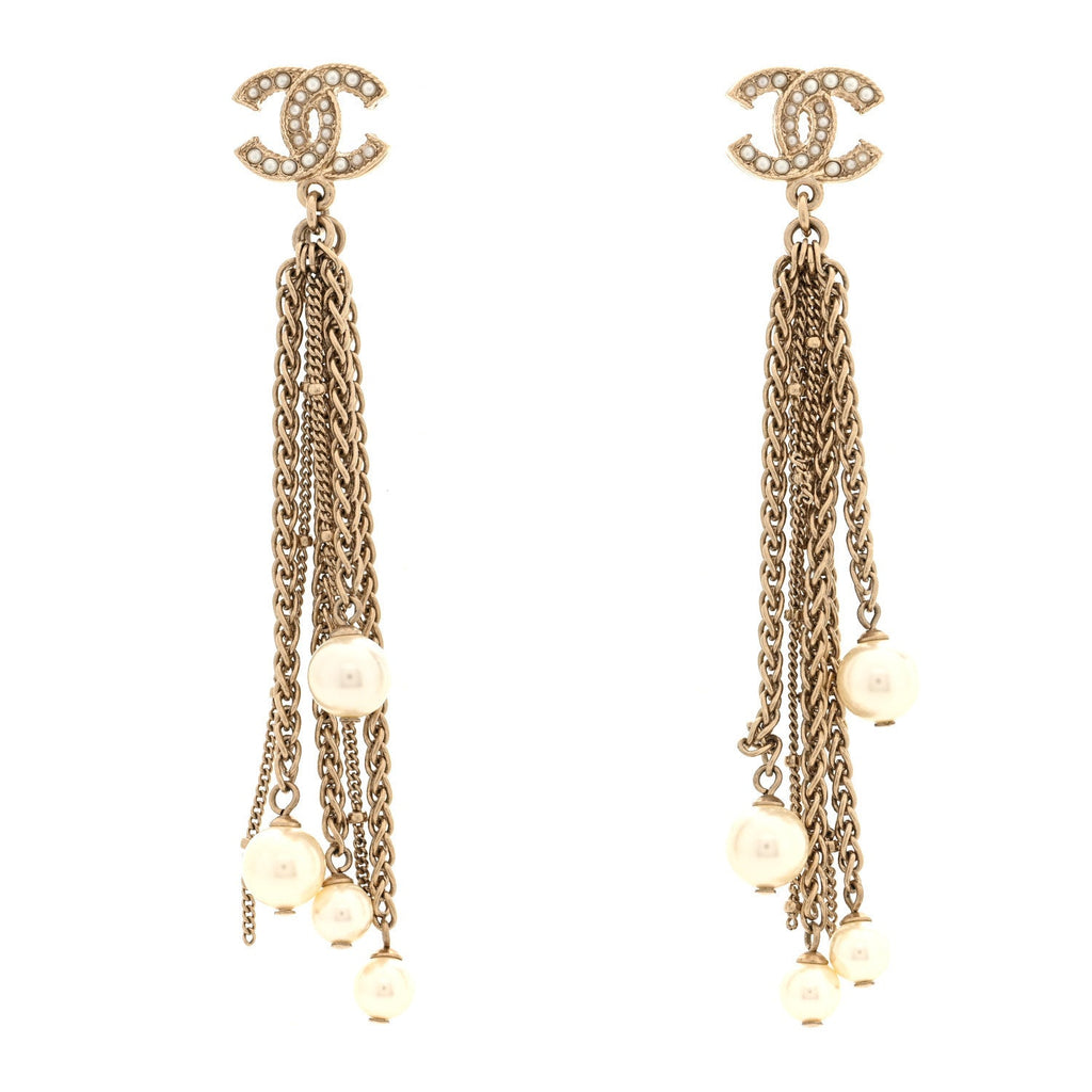 Chain Pearl CC Drop Earrings Light Gold