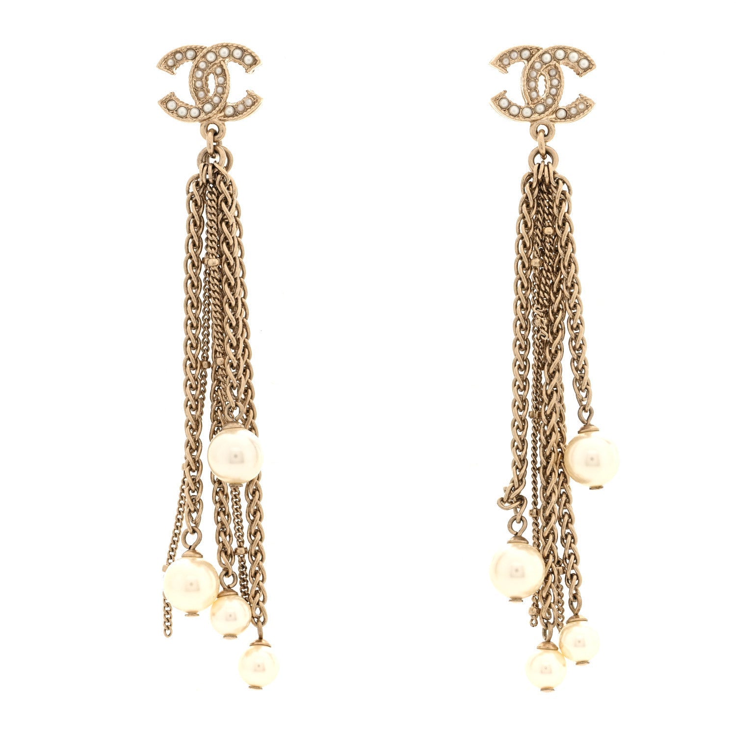 Chain Pearl CC Drop Earrings Light Gold