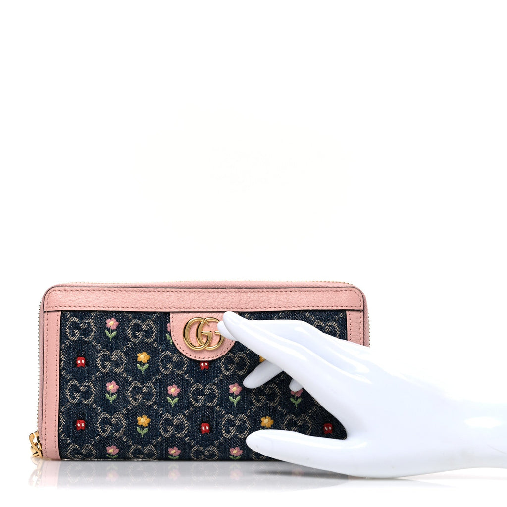 Gucci New Denim GG Monogram Calfskin Love Parade Zip Around Wallet Light Pink