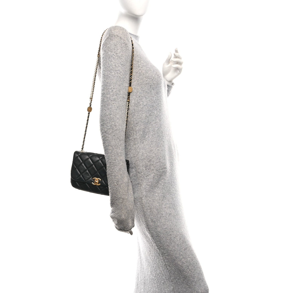 Chanel Lambskin Quilted  Pearl  Flap Black