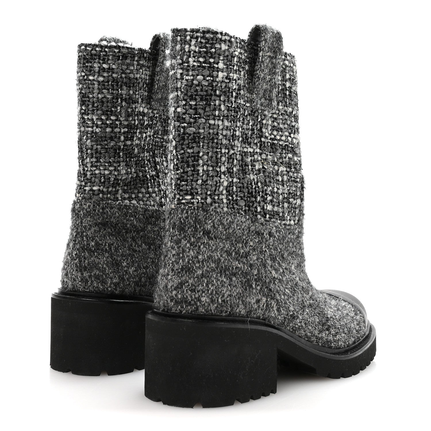 Chanel Wool Tweed CC Cap Toe Ankle Boots 38.5 Black Grey