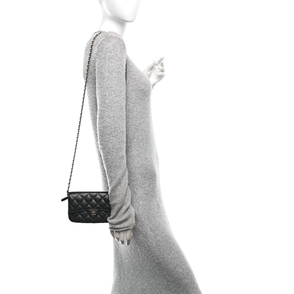 Caviar Quilted Flap Phone Holder With Chain Black