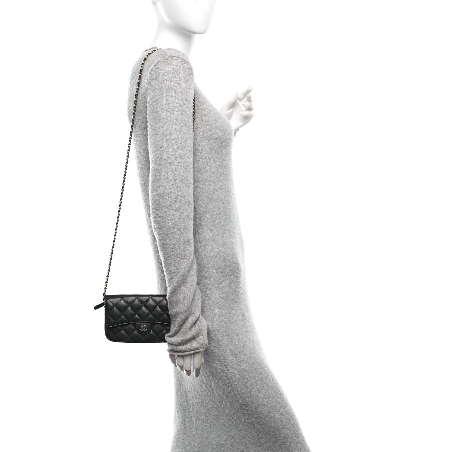 Caviar Quilted Flap Phone Holder With Chain Black
