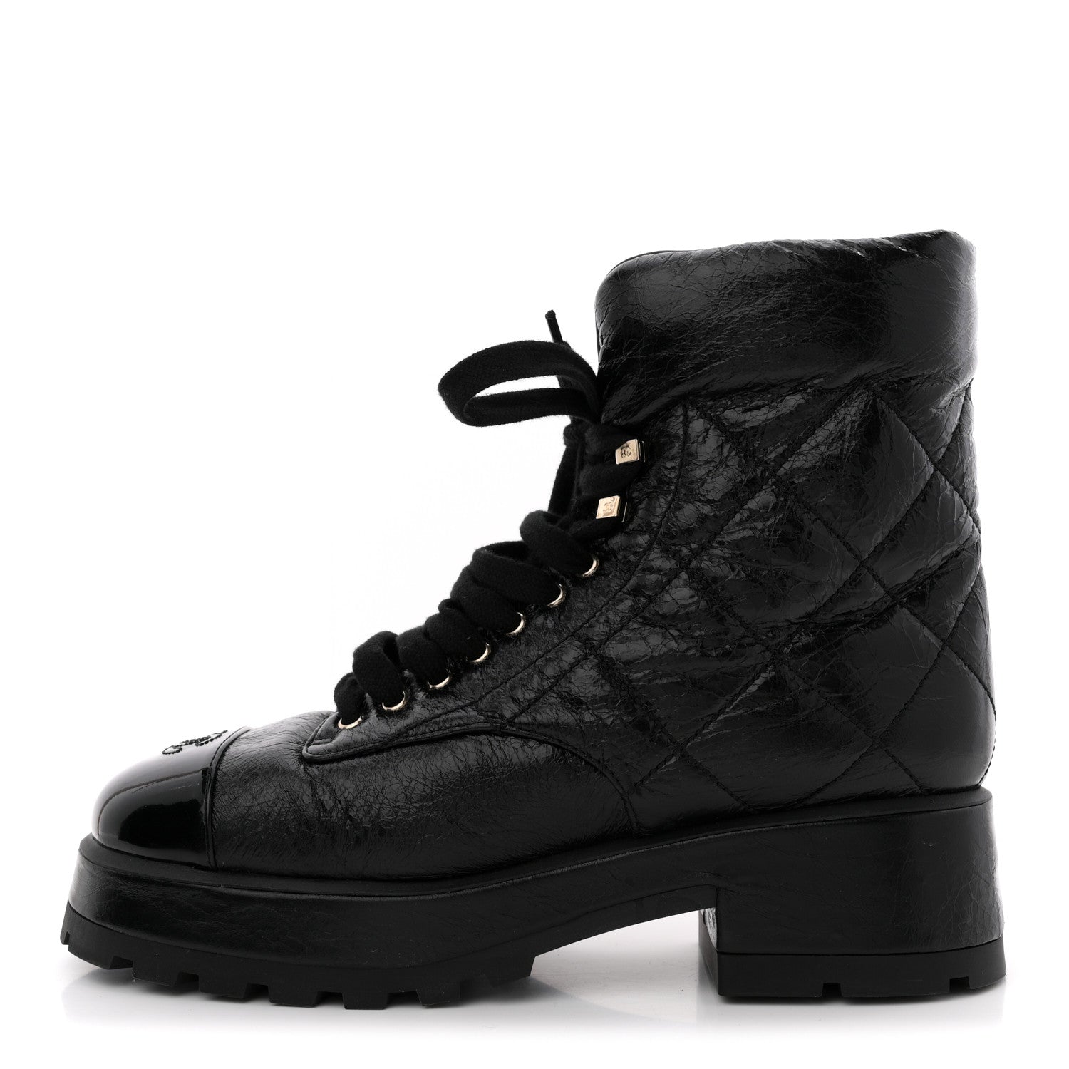 Crumpled Patent Lambskin Calfskin Quilted Lace Up Combat Boots 41.5 Black