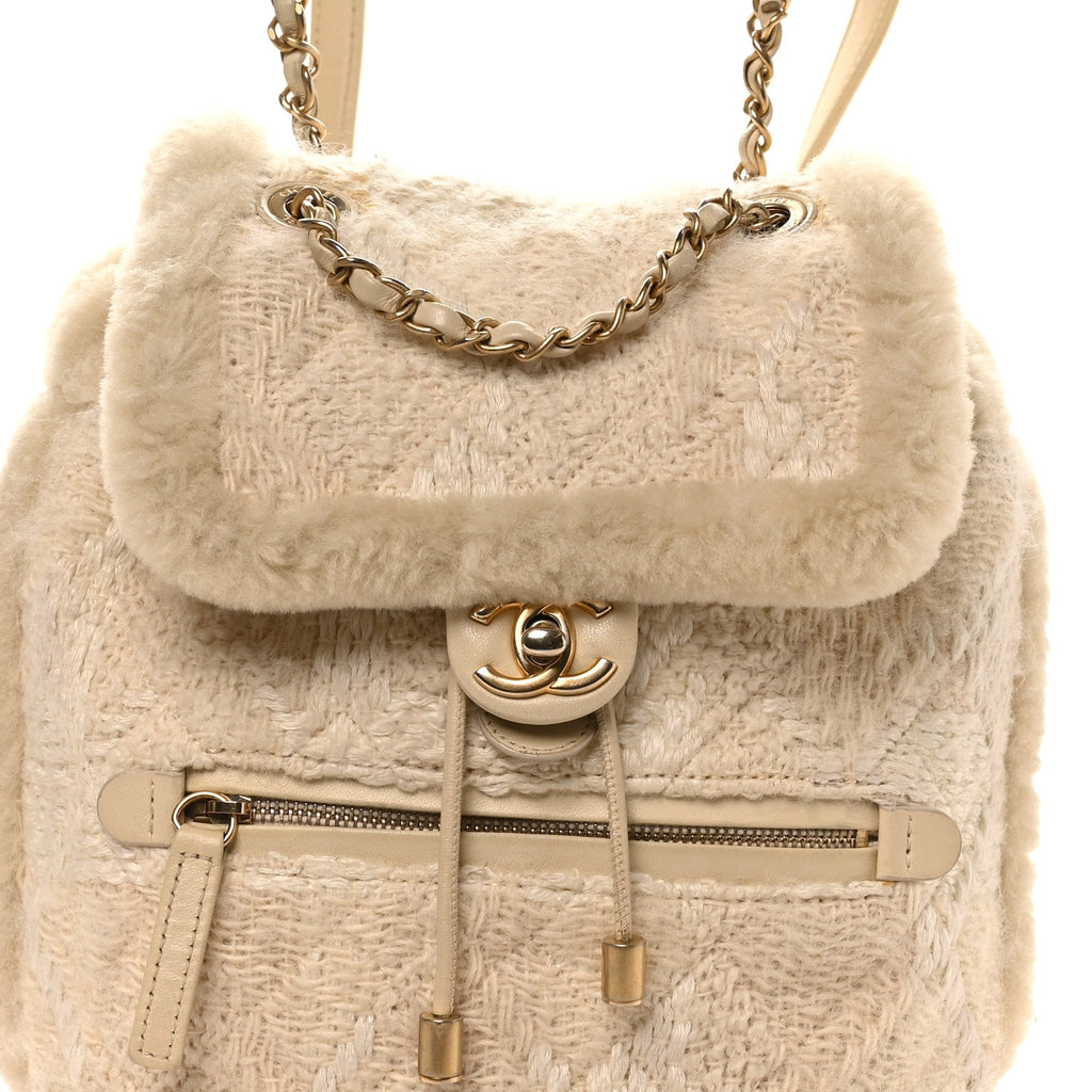 Chanel Tweed Shearling Quilted CC Backpack White