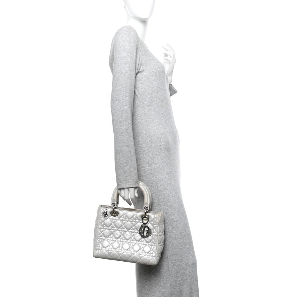 Christian Dior Metallic Nubuck Cannage Medium Lady Dior Silver