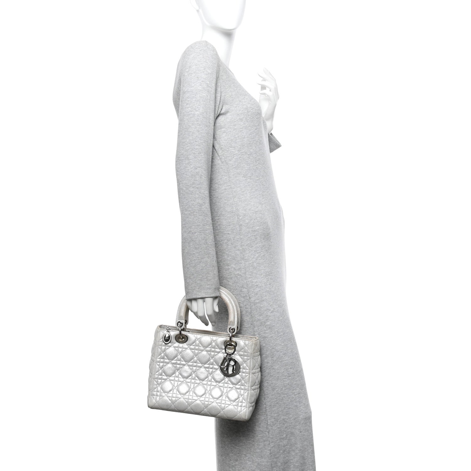 Christian Dior Metallic Nubuck Cannage Medium Lady Dior Silver
