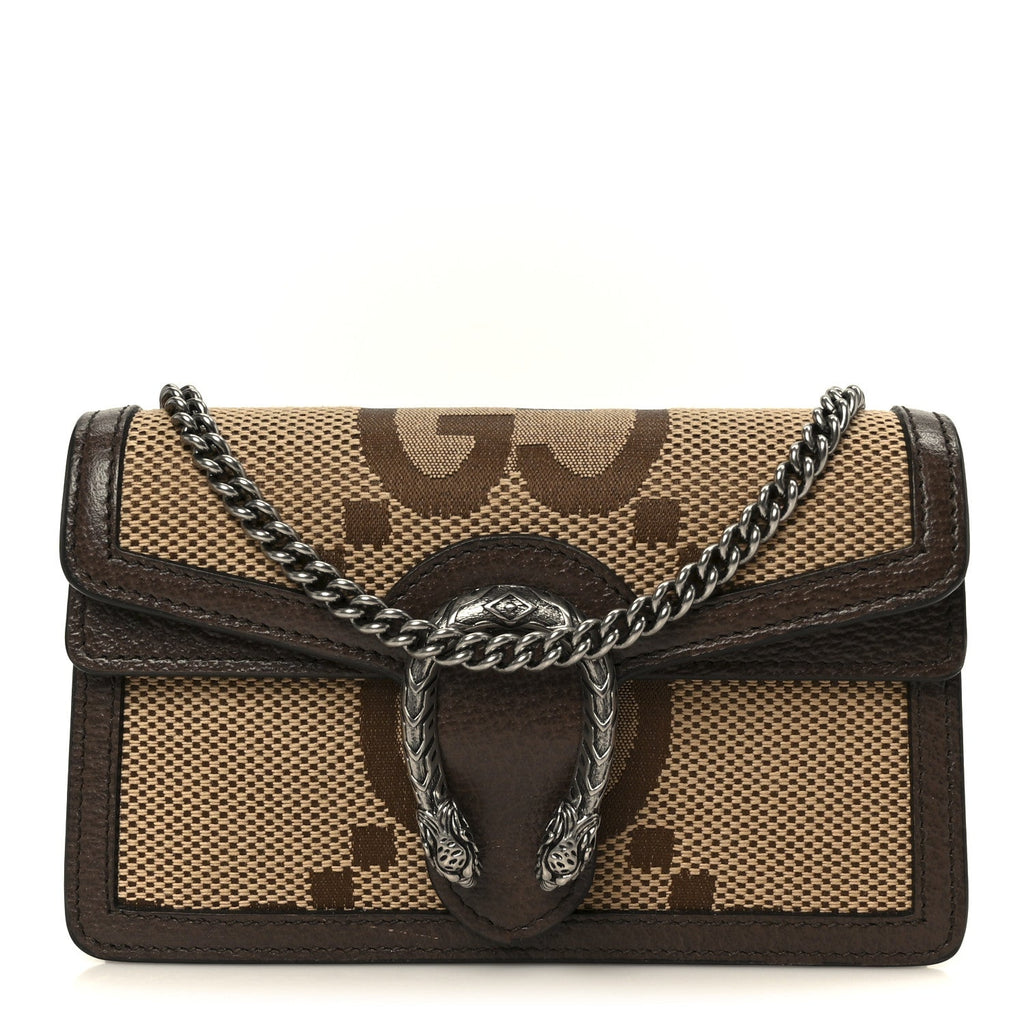 Gucci Monogram Jumbo GG Textured Dollar Calfskin Super Mini Dionysus Shoulder Bag Camel Ebony New Acero