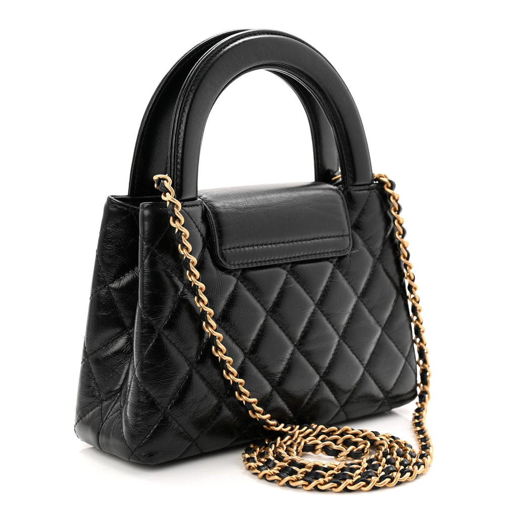 Chanel Shiny Aged Calfskin Quilted Nano Kelly Shopper Black