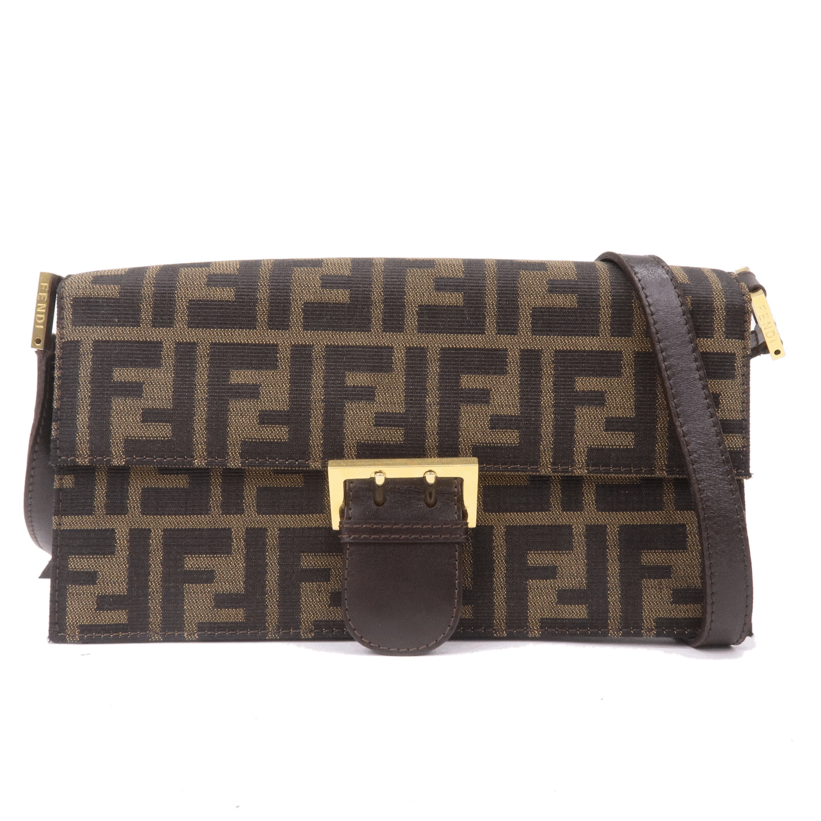 FENDI Zucca Canvas Leather Shoulder Bag Khaki Brown Black