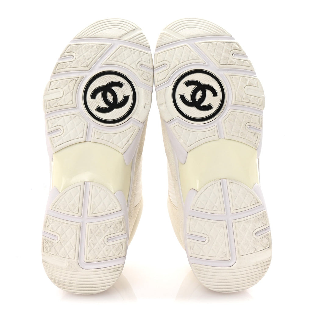 Chanel Suede Calfskin Fabric CC Sneakers 38 White
