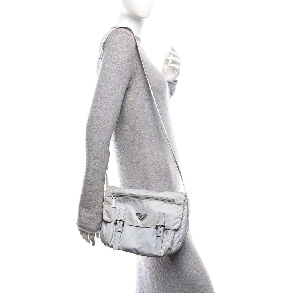 Prada Re-Nylon Vela Saffiano Pocket Double Buckle Messenger Shoulder Bag Fiordaliso