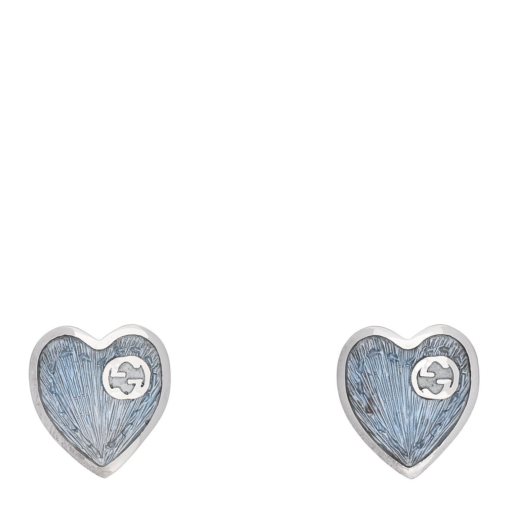 Gucci Sterling Silver Enamel Interlocking G Heart Stud Earrings Blue