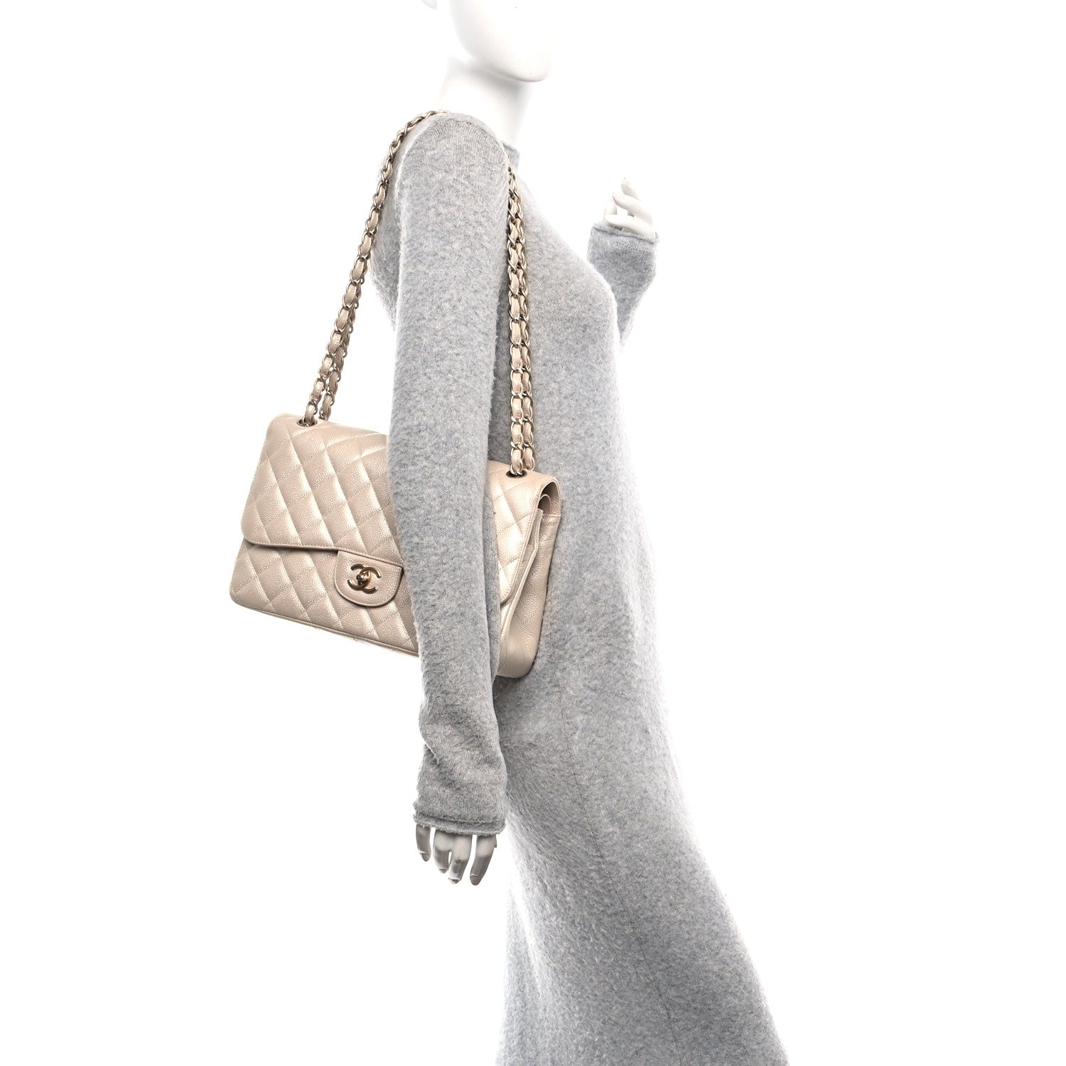 Chanel Iridescent Caviar Quilted Jumbo Double Flap Beige