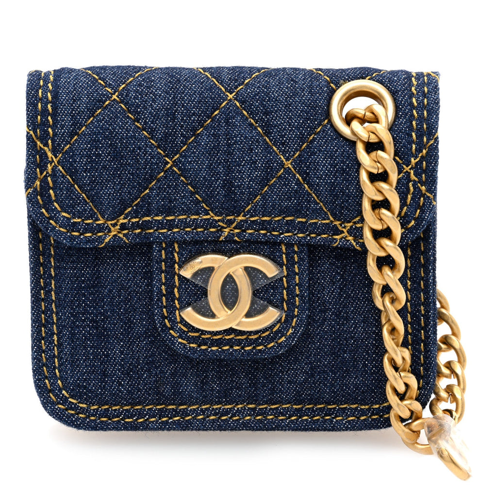 Denim Quilted Double You Flap Bag Charm Blue